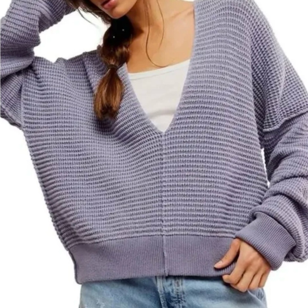We The Free Lavender V-Neck Waffle Knit Sweater